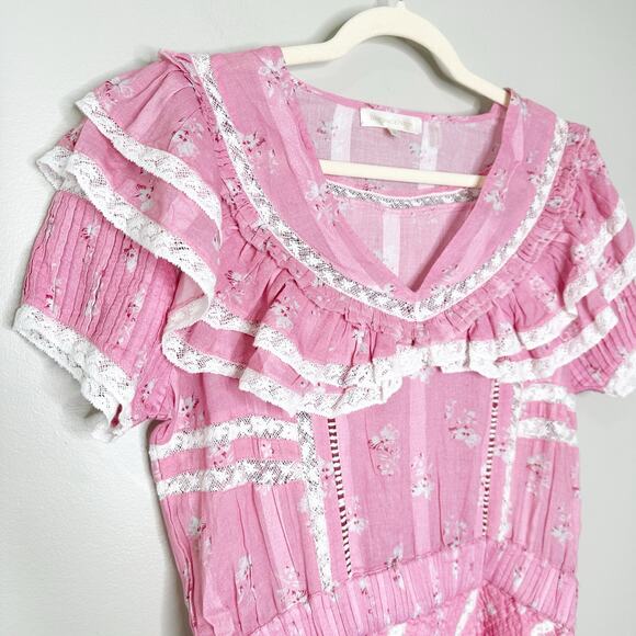 LoveShackFancy Bonita Mini Dress Ruffles Lace V-Neck Short Sleeve Pink Size M - Picture 4 of 8